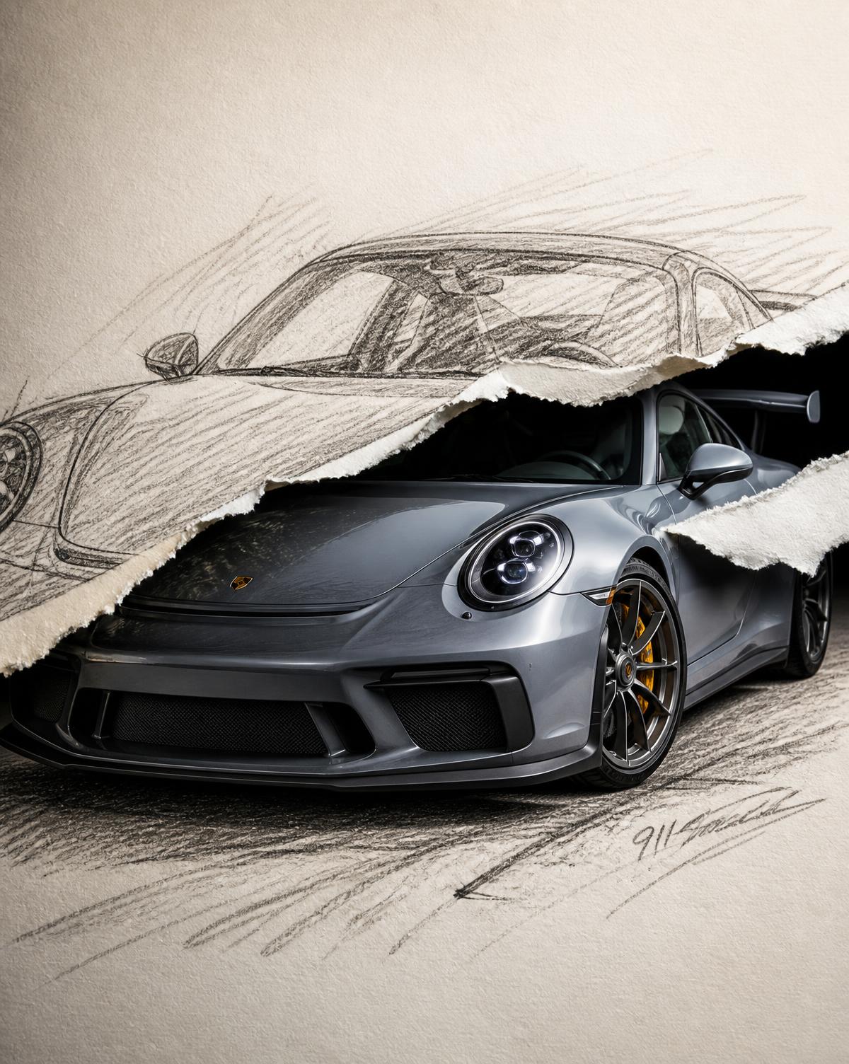 Pencil sketch of a sports car with a torn paper section revealing the real car underneath